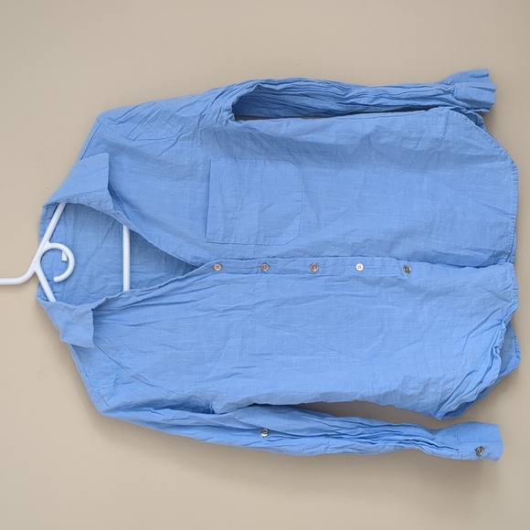 Large Blue Shein Shirt Roll Tab Sleeves Collared Button Up Gold Buttons - Picture 1 of 14